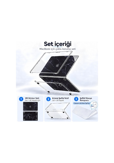 Macbook Uyumlu Air 13,6 İnç M2 M3 M4 M5 A2681 A3113 A3240 A3449 Kristal Şeffaf Sert Kılıf, Geometrik Mermer Desenli 3m Sticker Usb-c Adaptör Hediyeli Set Belirtilmemiş