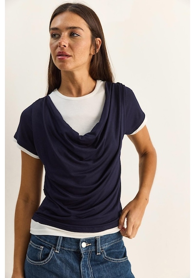 Shade Kadın Çift Kat Görünümlü Degaje Yaka Kısa Kol T-shirt 6140 60286132 - Lacivert