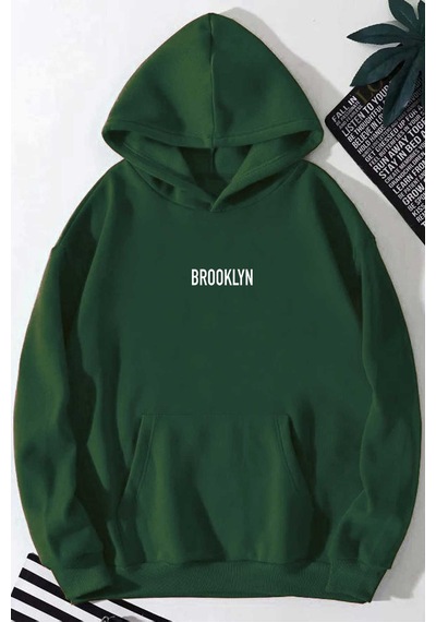 Medinenur Brooklyn Baskılı Unisex Kapüşonlu Sweatshirt Yeşil