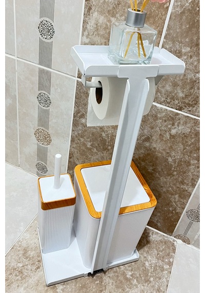 6 Parça Banyo Seti Çöp Kovası, Wc Fırça, Tuvalet Kağıtlık, Diş Fırçalık, Sıvı Sabunluk, Sabunluk Beyaz - Kahverengi