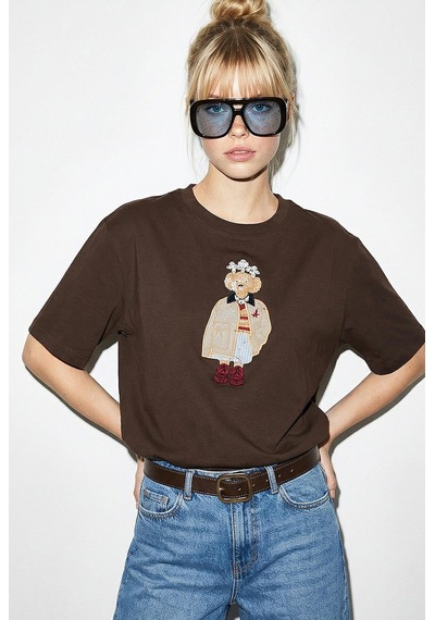 Shade Kadın Köpek Nakışlı Taş İşlemeli Relaxed Fit Pamuk T-shirt 1077 60286067 - Acı Kahve Acı Kahverengi L