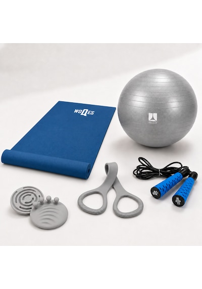 Evde Pilates Ve Fitness Seti - Pilates Matı 4mm + 65 Cm Pilates Topu + Silikon Direnç Lastiği + Ayak Masaj Pedi Mavi