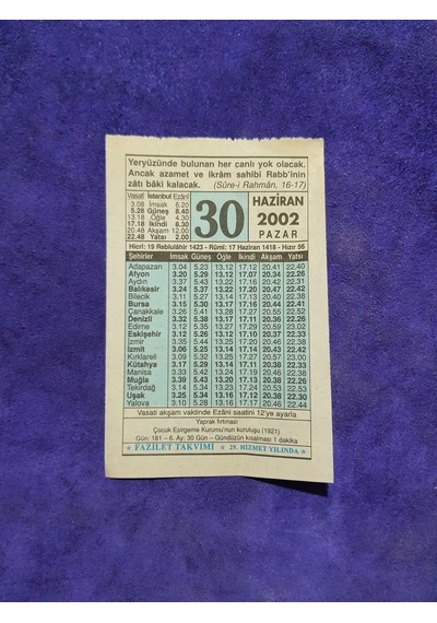 30 Haziran 2002 Takvim Yaprağı - Nostalji Koleksiyonluk Takvim Yaprağı