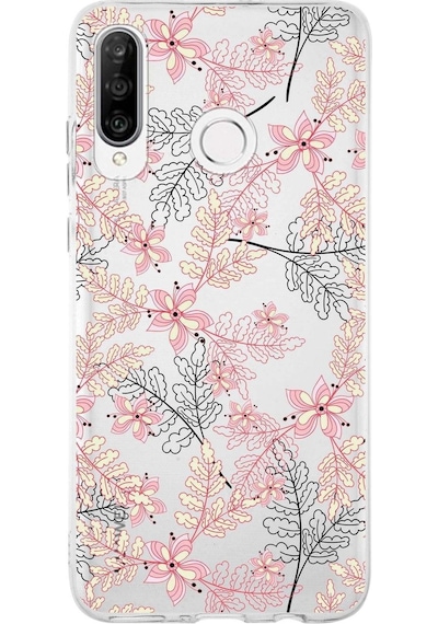 Huawei P30 Lite Uyumlu Kapak Floral Kırmızı Tasarımlı Şeffaf Silikon Kılıf