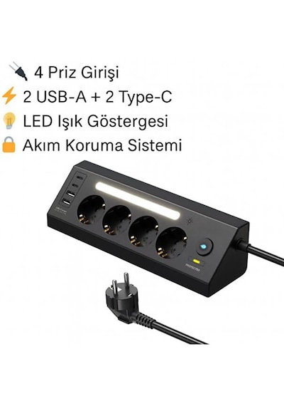 Led Işıklı 4 Lü Priz 2 Usb 2 Type-c Girişli Akım Korumalı Anahtarlı Masaüstü Priz 1 - 3 M