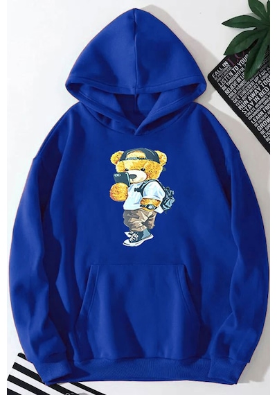 Medinenur Peluş Ayı Baskılı Kapüşonlu Sweatshirt Mavi