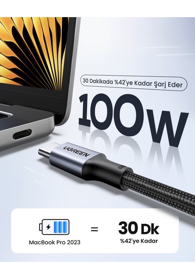 Ugreen Usb-c 100w 5a Qc Pd Örgülü Hızlı Şarj Kablosu, 1 M, Siyah, 70427