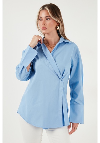 Lela Regular Fit Klasik Yaka Bağlamalı Uzun Kollu Bayan Gömlek 6834987 Mavi