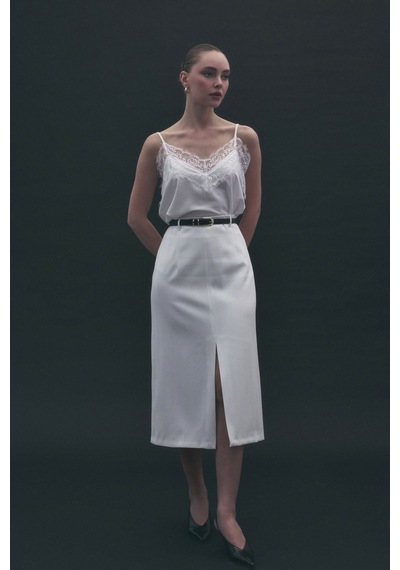 Sateen Anna Yırtmaçlı Etek - Ekru-137174 Ekru