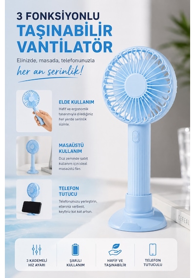 3 Fonksiyonlu Telefon Tutuculu Taşınabilir El Ve Masaüstü Vantilatör Şarjlı 3 Kademeli Mini Fan Usb