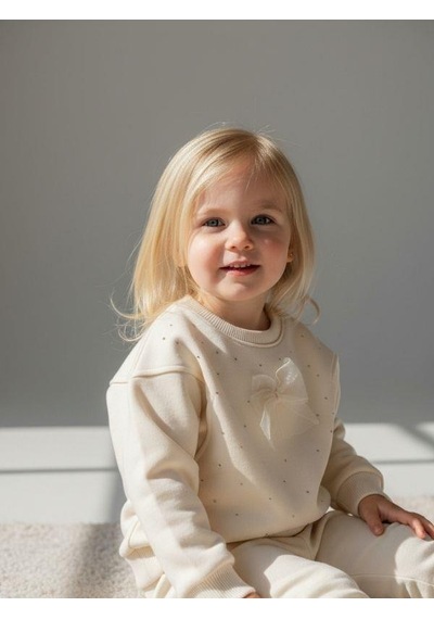 Zekids Kız Bebek Pamuklu Taşlı Fiyonk Detaylı Oversize Tasarım Sweatshirt-16558 Krem