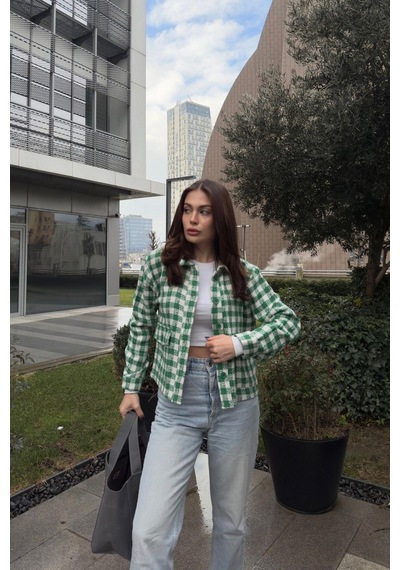 Kadın Yeşil Çift Cepli, Pötikare Desenli, Rahat Kalıp, Kısa Tüvit Ceket Benetton