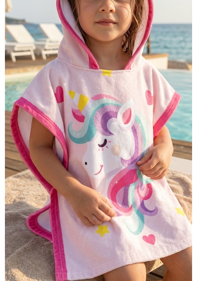 Kız Çocuk Kapşonlu Plaj Havlusu Panço Havlu Yüzücü Deniz Havuz Bornozu Bebek Banyo Havlusu Unicorn Pembe