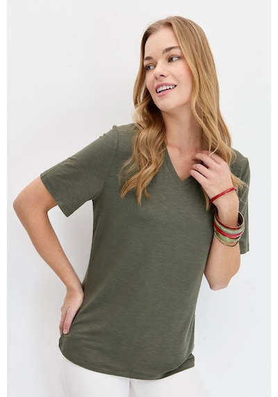 Desen Triko Kadın V Yaka Flamlı Kumaş Basic T-shirt Kmy24085 Haki