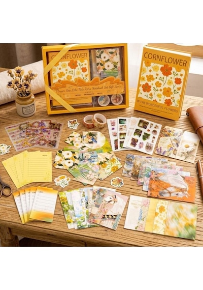 Vintage Çiçek Desenli A6 Günlük Ve Ajanda Hediye Seti - Estetik Scrapbooking Ve Günlük Süsleme Kit Kutusu 116 Parça Yeşil