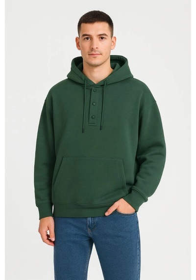 Erkek Kapüşonlu Hoodie Cepli Çıtçıtlı 3 İplik Pamuklu Sweatshirt - Haki