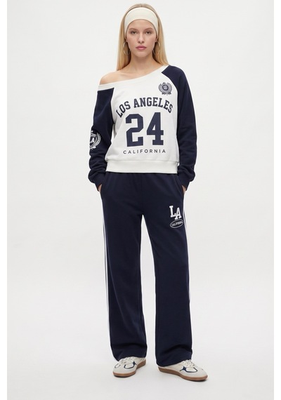 Ritnice Kadın Stone Kayık Yaka Sweatshirt Şeritli Alt Eşofman Lacivert Alt Üst Takım