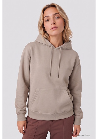 TOMMYLIFE Koyu Bej Standart Kapüşonlu Kanguru Cepli Basic Kadın Sweatshirt - 97321