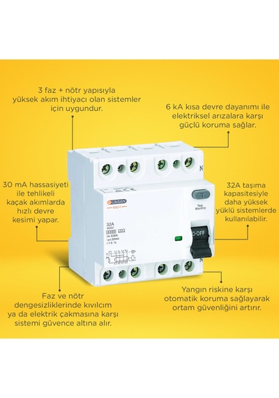 Günsan Valta Kaçak Akım Rölesi Ac Tip 6ka 30ma 32a 3 Kutup + Nötr