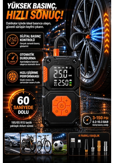 5000 Mah Taşınabilir Hava Pompası Kompresör 2 Ü 1 Arada Powerbank Dijital Ekran 150 Psı Araç Lastik Şişirme Cihazı