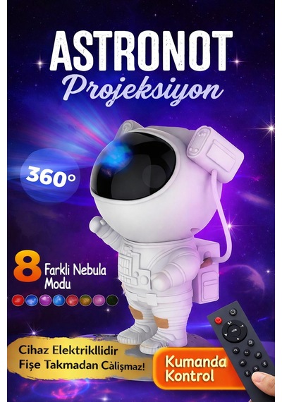 Astronot Tasarımlı Hoparlör Nluetooth Gece Lambası 8 Renkli Projeksiyon Kumandalı Projektör Beyaz