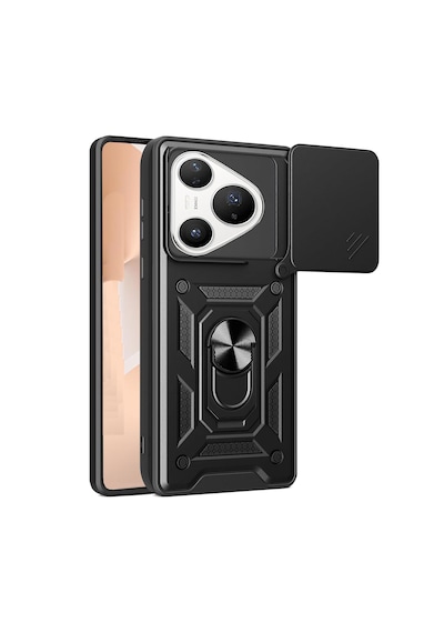 Microcase Huawei Pura 80 / Pura 70 Qubec Serisi Kamera Kapaklı Yüzük Standlı Kılıf-al5117 Siyah