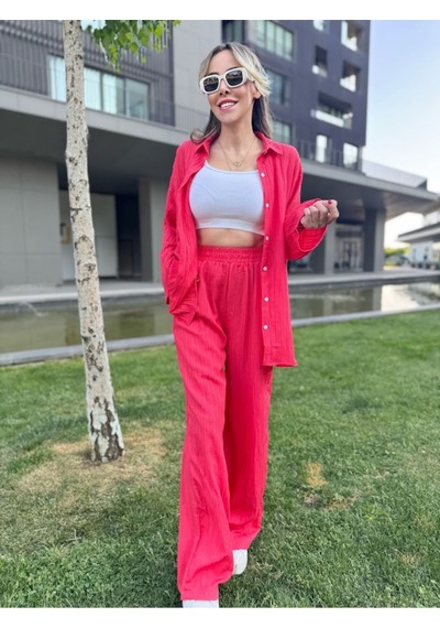 Kadın Gofre Alt Üst Gömlek Fuşya Pantolon Takım - S504472 Pembe