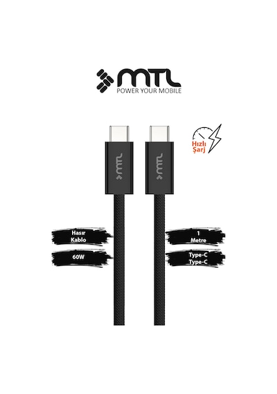 40w Pd Type-c To Type-c Silikon Hızlı Şarj Ve Data Kablosu 1 Metre Siyah Mt2609