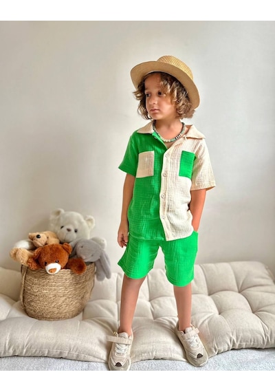 Jolly Kids Erkek Çocuk Çift Renk Müslin Gömlekli Alt Üst Takım-mint Mint Yeşili