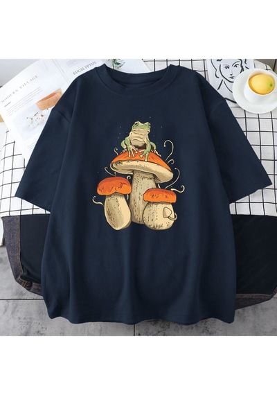 Flood Of Style Erkek Lacivert Mantar Baskılı Oversize Bisiklet Yaka Tshirt