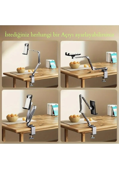 Alüminyum Akrobat Tablet & Telefon Tutucu Stand 360 Oynar Başlıklı Ayarlanabilir Uzun Kol