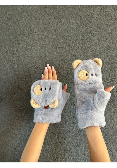 Gönülden Tasarım Kukla Peluş İçi Kürklü Açılır Parmak Nakış İşleme Kadın Eldiven Mavi
