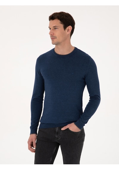 Cacharel İndigo Slim Fit Pamuk Karışımlı Bisiklet Yaka Triko Kazak Mavi