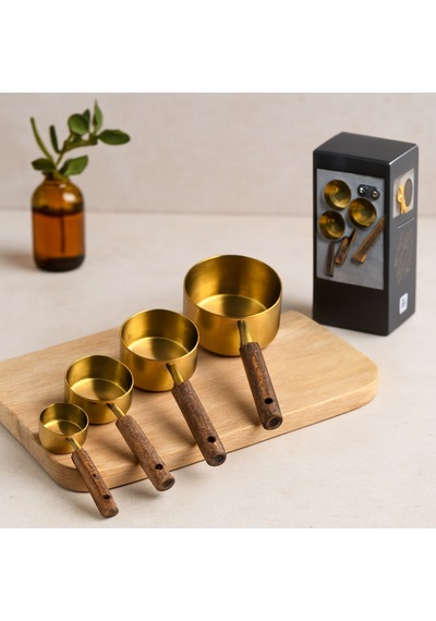 4'lü Ölçü Kaşık Seti 250/125/80/60 Ml - Gold Metal Ahşap Saplı Çr