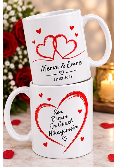 Sevgiliye Kupa Bardak Hediyesi İsimli Ve Tarihli Kişiye Özel Baskılı Söz Nişan Düğün Kupa Bardağı Çiftler İçin 2 Adet Beyaz