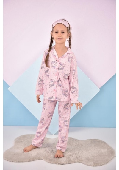 Kız Çocuk Toz Pembe Efsane Unicorn Desen Yeni Sezon Pijama Takımı Göz Bandı Hediyeli Pembe - Pudra
