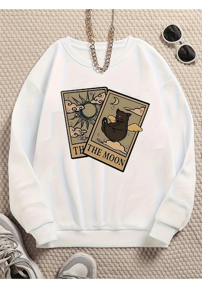 Uyguntarz Unisex Tarot Kart Baskılı Oversize Sweatshirt beyaz