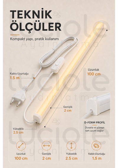 220v Amber Led Bar 100 Cm Fişli Anahtarlı Yapışkanlı Tezgah Altı Dolap İçi Aydınlatma