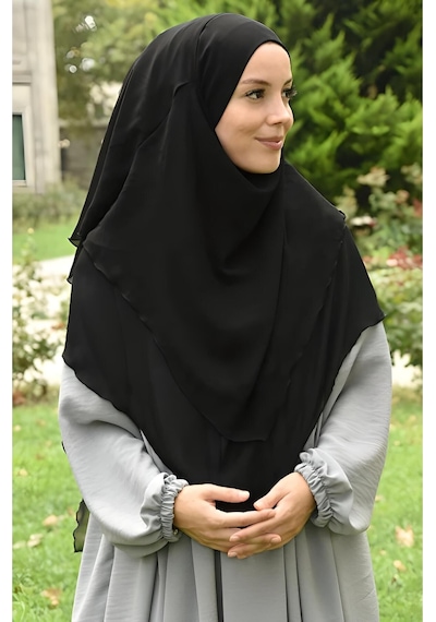 Melodi Scarf Kadın Tesettür Sufle Khimar Peçeli Üç Katlı Şifon Şal Siyah Siyah