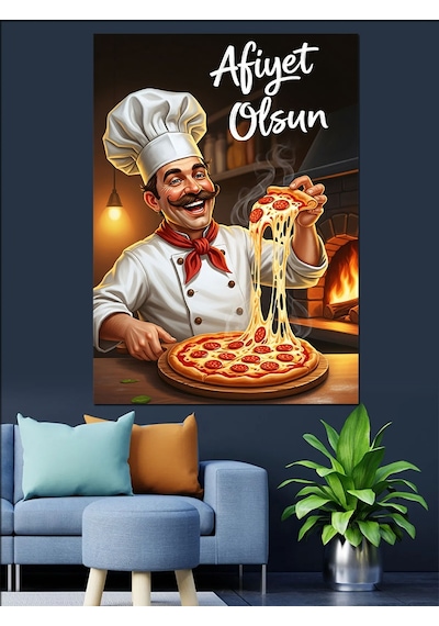 Fırında Pizza Yapan Şef Aşçı Dekoratif Kanvas - Mdf Ahşap Tablo