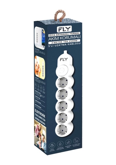 Fly 3394-01, 5 Soket, Akım Korumalı Priz, 2.1a, Anahtarlı, 2mt Kablo, Beyaz Diğer
