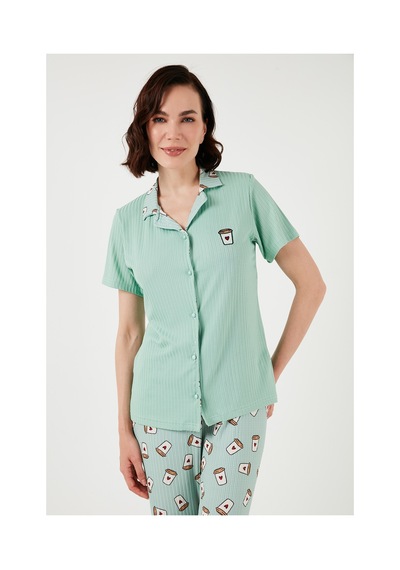 Lela Regular Fit Gömlek Yaka Kısa Kollu Bayan Pijama Takımı 65740102 Mint-Bej