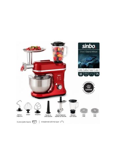 Sinbo Standlı Mikser & Blender Seti 3in1 1500w 5 Kademe Hız Ayarı Kırmızı