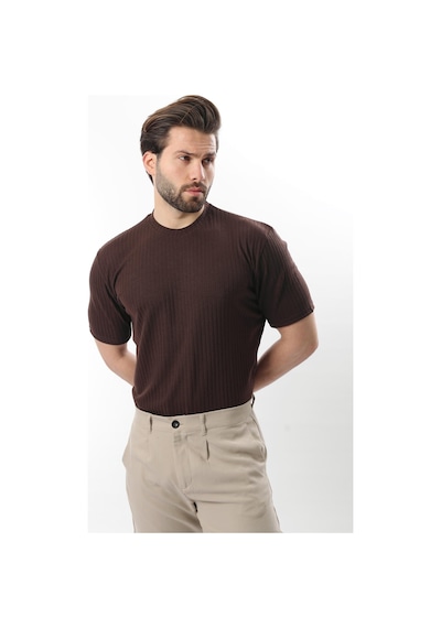 Madmext Kahverengi Dokulu Çizgi Tasarım Bisiklet Yaka Erkek T-shirt E7122 Kahverengi