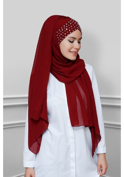 Hürrem Bone Bordo Pratik Hazır Geçmeli Bone Şal Şifon Kendinden Boneli Taşlı
