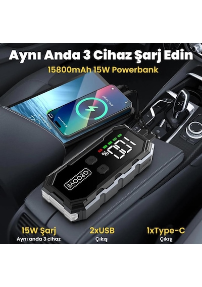 Groove F11 15800mah 2000a Akü Takviye Cihazı Taşınabilir Jump Starter Powerbank+Led Lamba+Lcd Ekran