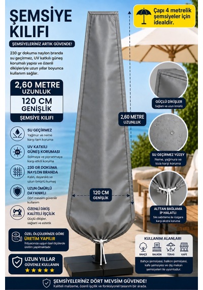 Şemsiye Kılıfı Su Geçirmez 230 Gr Dokuma Naylon Branda Uv Korumalı Çap 4 Metre Şemsiyeler İçin Bahçe Şemsiye Koruyucu Gri