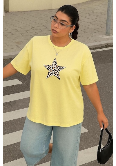 Büyük Beden Yıldız Leopar Baskılı Unisex Tişört Sarı