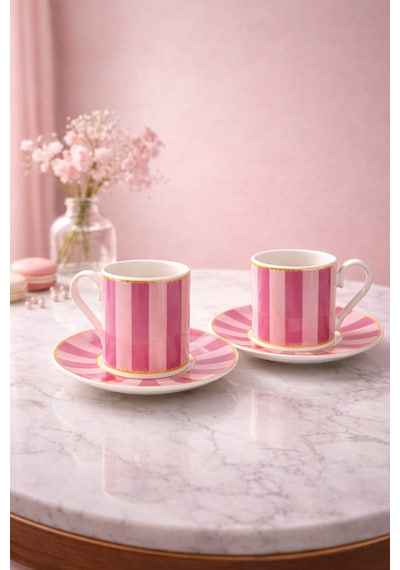 2 Kişilik Porselen Yaldızlı Lovely Birds Özel Tasarım Kuşlu Kahve Fincan Takımı Seti 90ml Mor