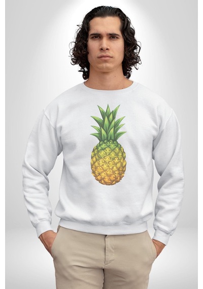Ananas Meyve Unisex Beyaz Baskılı Sweatshirt Beyaz